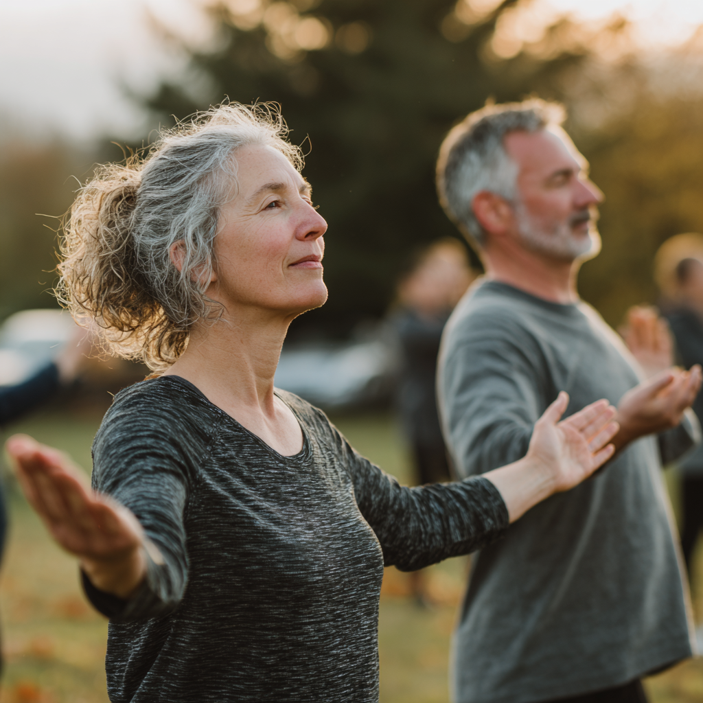 Middle-aged adults practicing gentle movement exercises in natural outdoor setting
